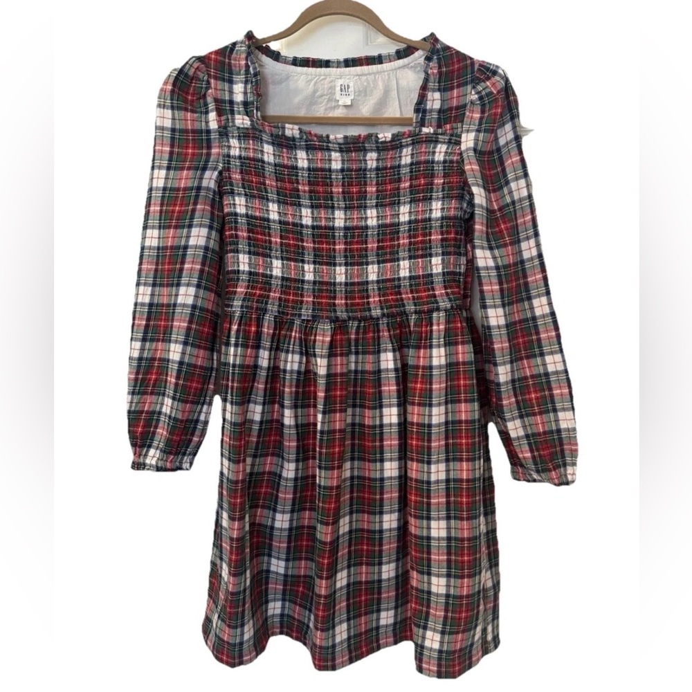 Gap Red Ivory Frost Holiday Smocked Plaid Dress Lined 100% cotton size XL(12)